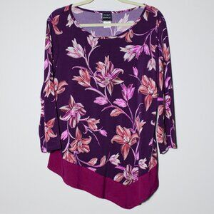 Coco Bianco Asymmetrical Tunic Top Purple Tropical Dark Floral Stretch Sz Large